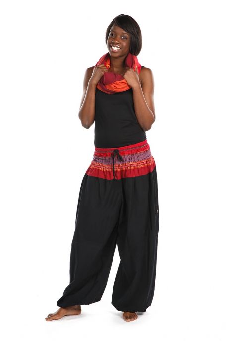 Pantalon sarouel elastique bouffant noir sari rouge Maka personnalisable